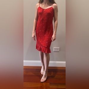 Ann Taylor red and pink floral midi slip dress with ruffle hem